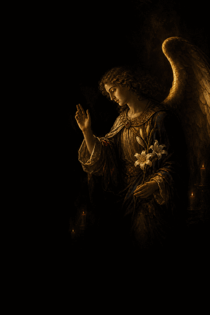 The archangel Gabriel, emerging from candle-lit darkness
