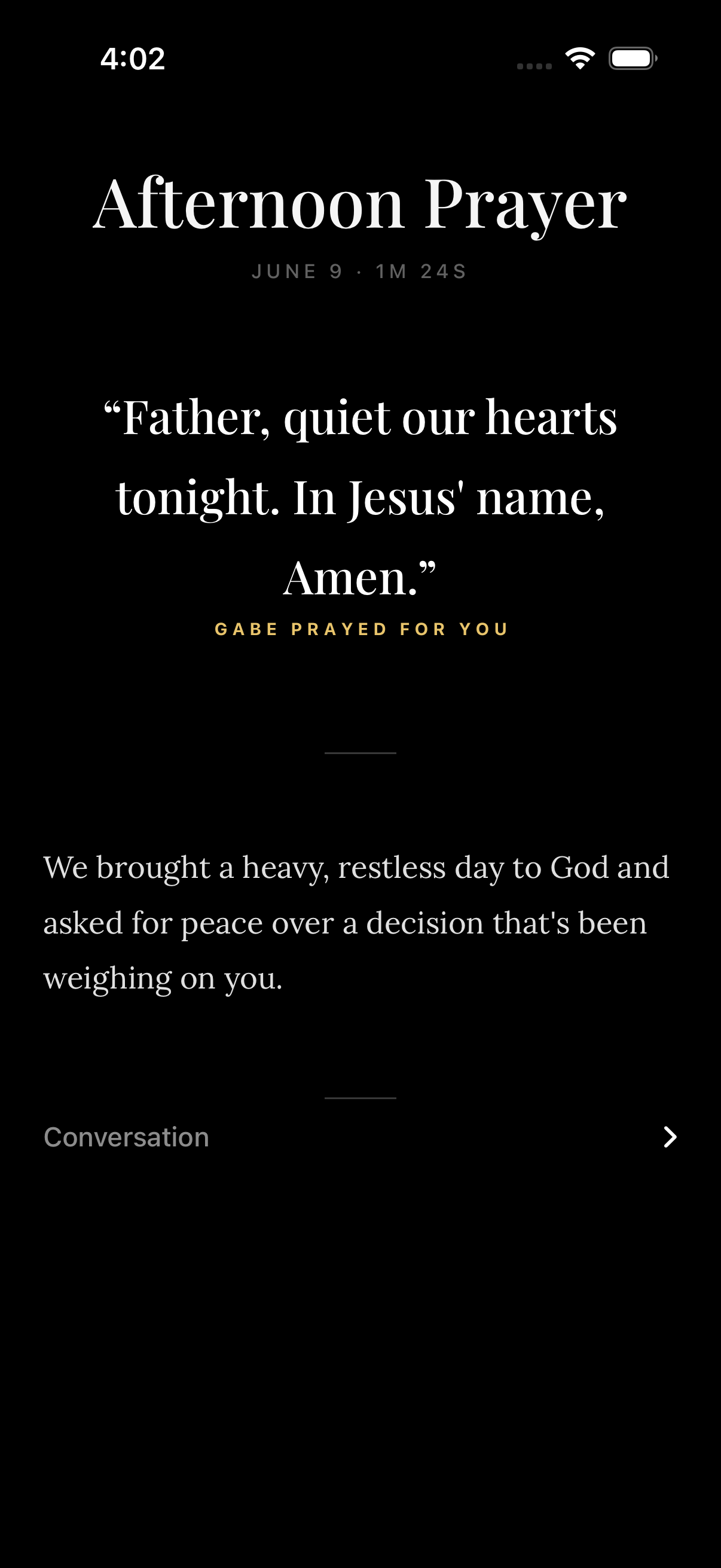 A saved prayer journal entry in the Gabe app